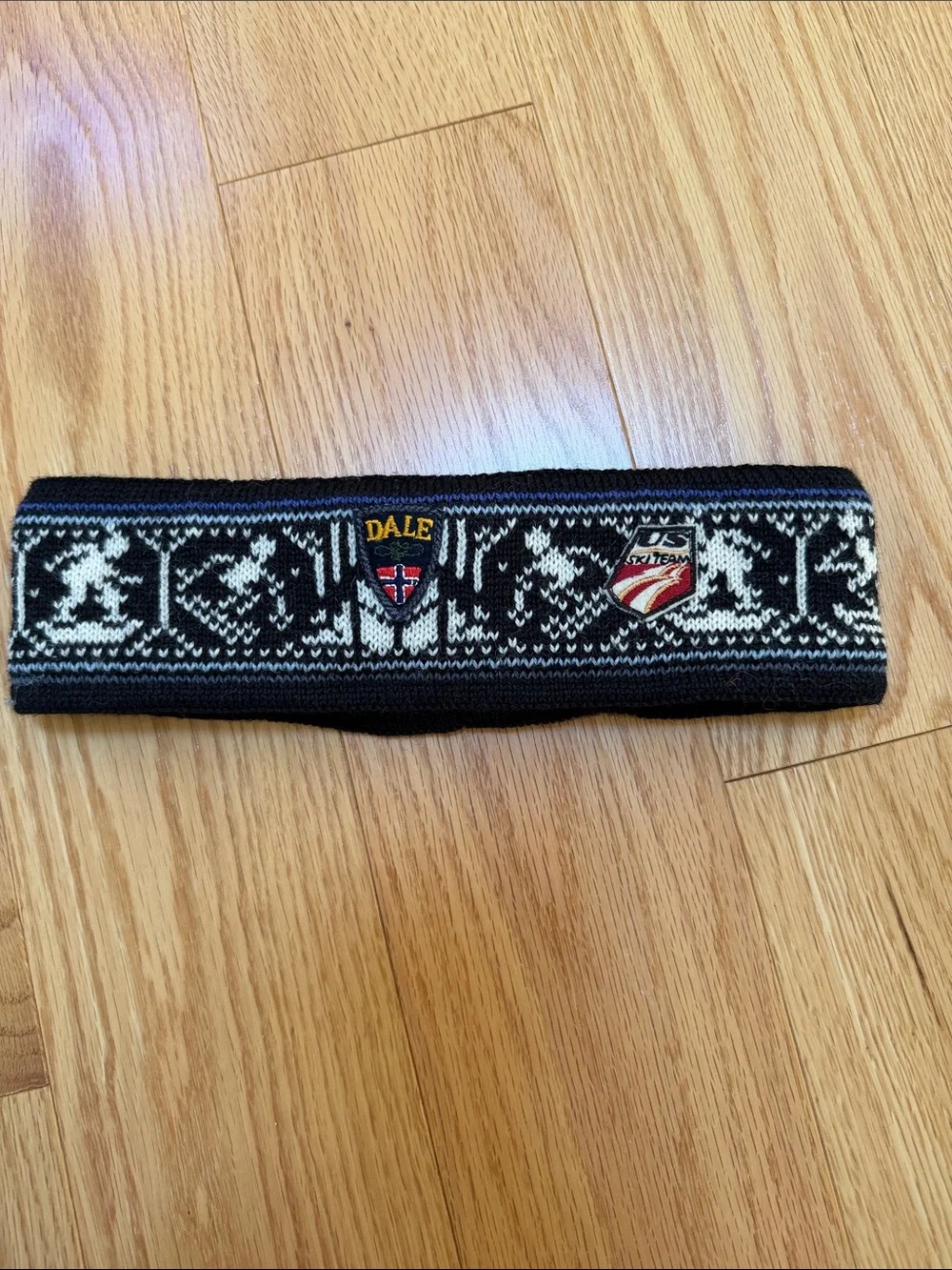 Dale of Norway nordic pattern wool headband with US Ski team logo .